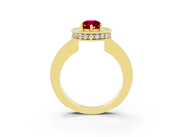 Yellow gold Pear Cut Halo Diamond Engagement Ring with Milgrain Pave Band and Four-Prong Setting
