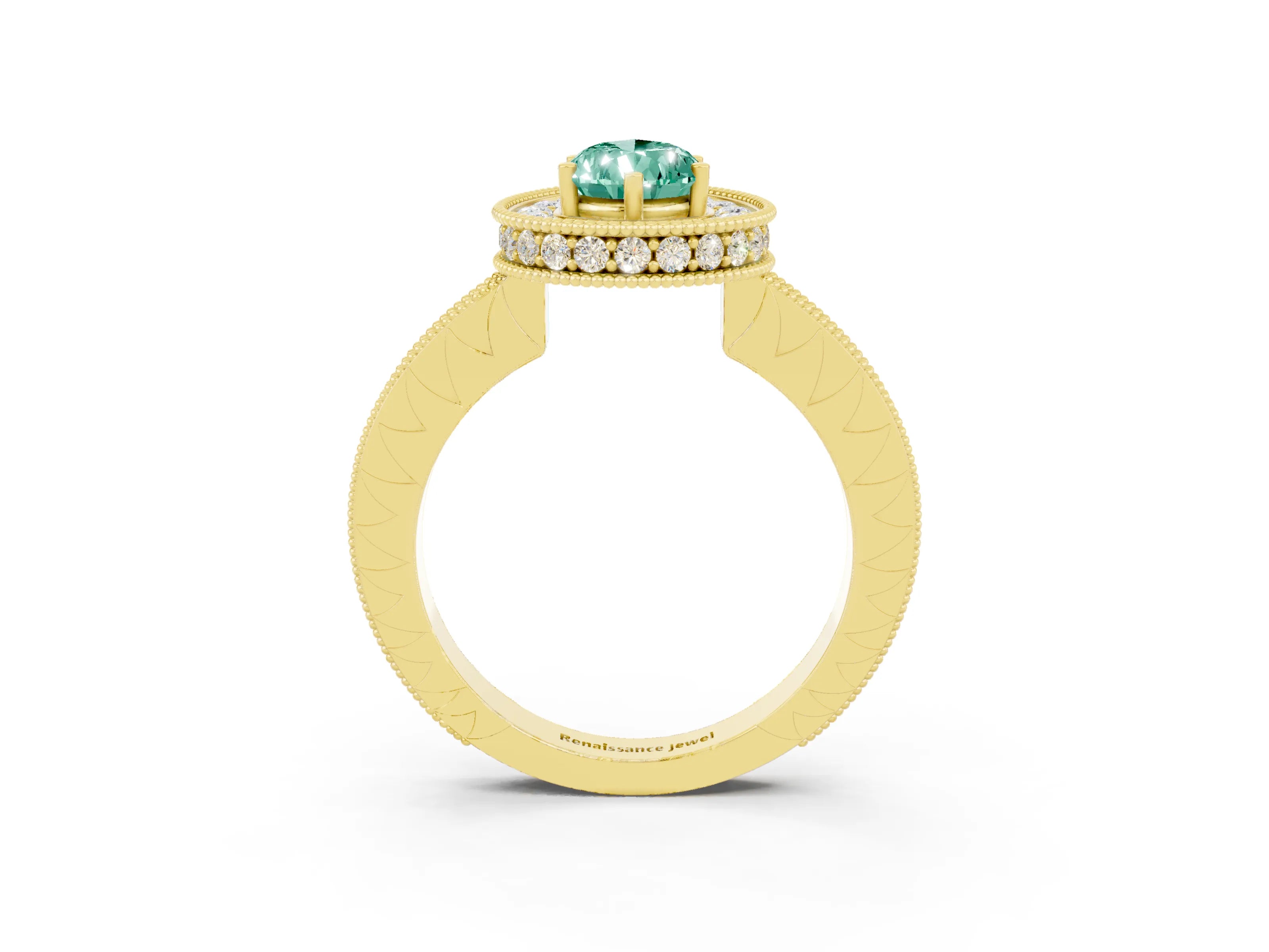 Yellow gold Pear Cut Halo Diamond Engagement Ring with Milgrain Pave Band and Four-Prong Setting_3