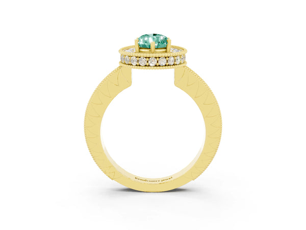 Yellow gold Pear Cut Halo Diamond Engagement Ring with Milgrain Pave Band and Four-Prong Setting