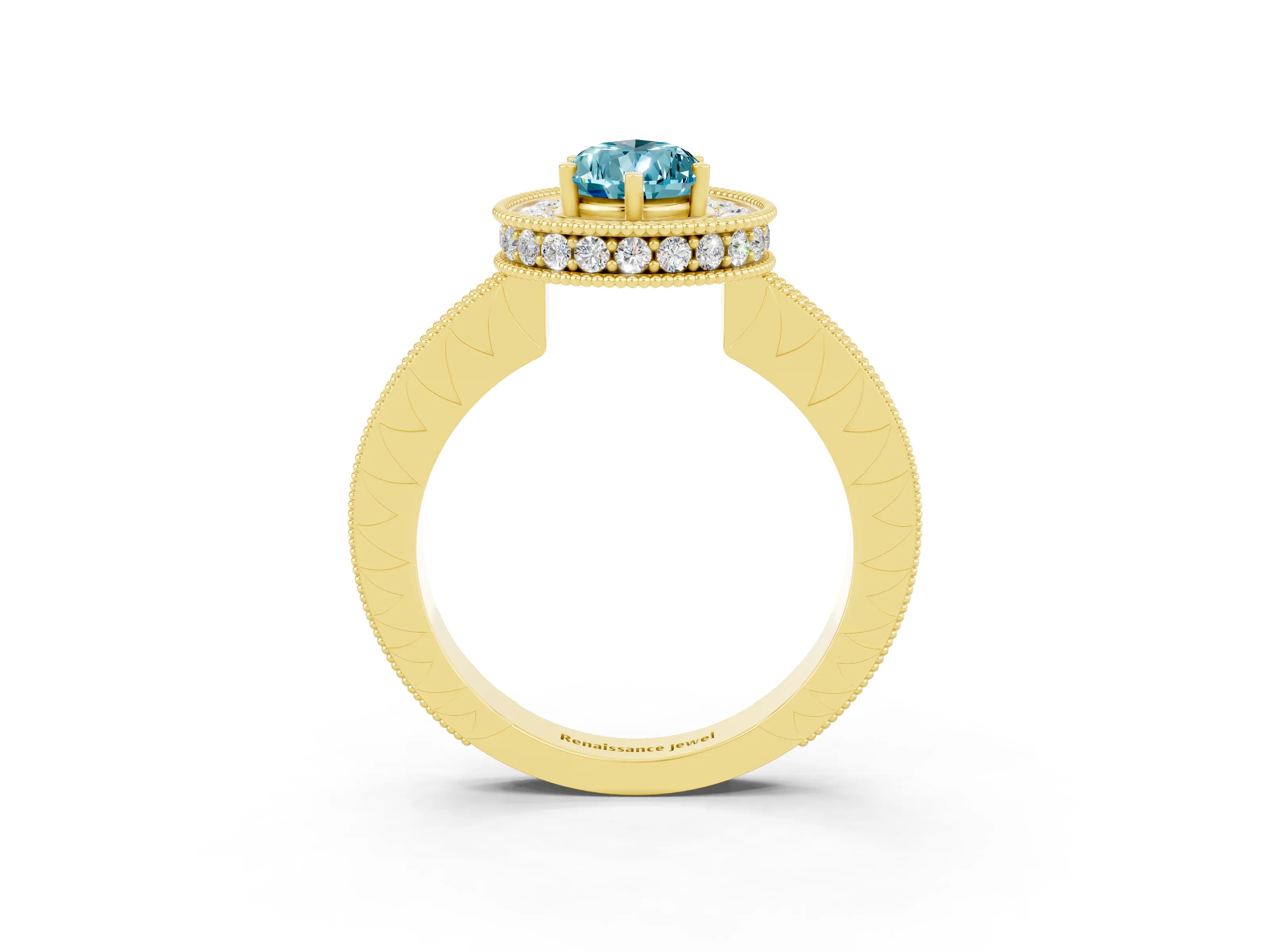 Yellow gold Pear Cut Halo Diamond Engagement Ring with Milgrain Pave Band and Four-Prong Setting_3
