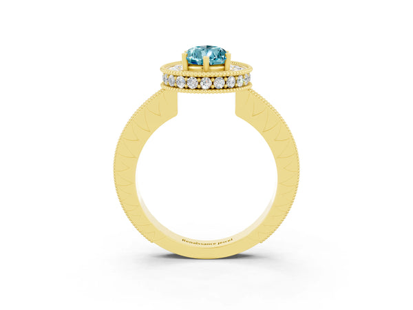 Yellow gold Pear Cut Halo Diamond Engagement Ring with Milgrain Pave Band and Four-Prong Setting