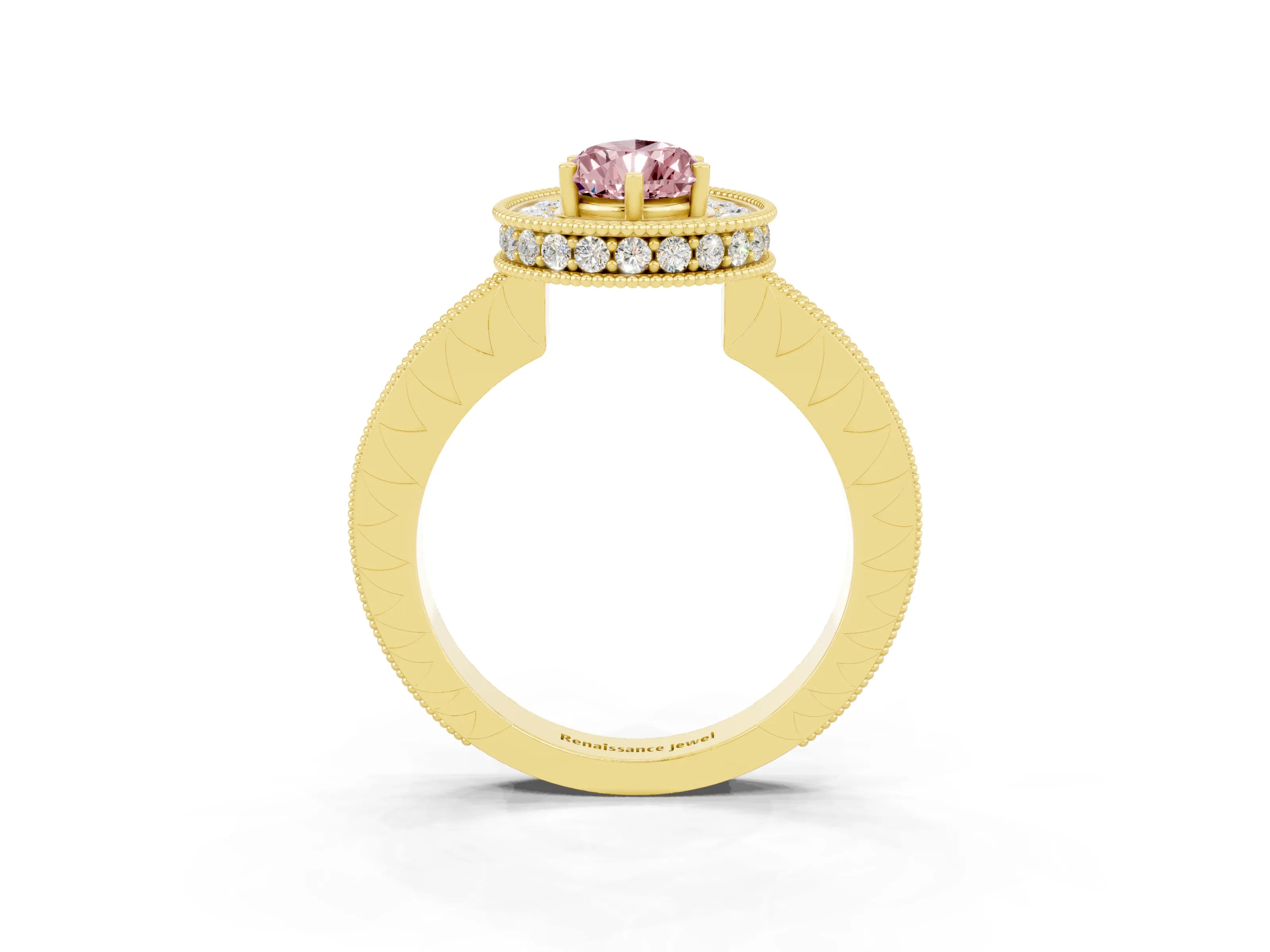 Yellow gold Pear Cut Halo Diamond Engagement Ring with Milgrain Pave Band and Four-Prong Setting_3