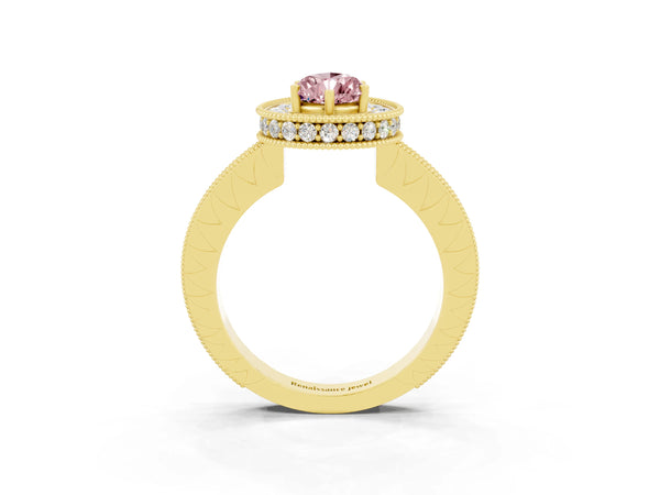 Yellow gold Pear Cut Halo Diamond Engagement Ring with Milgrain Pave Band and Four-Prong Setting