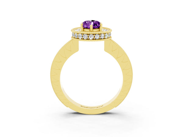 Yellow gold Pear Cut Amethyst Milgrain Halo Engagement Ring with Round Pavé Band and Prong Setting