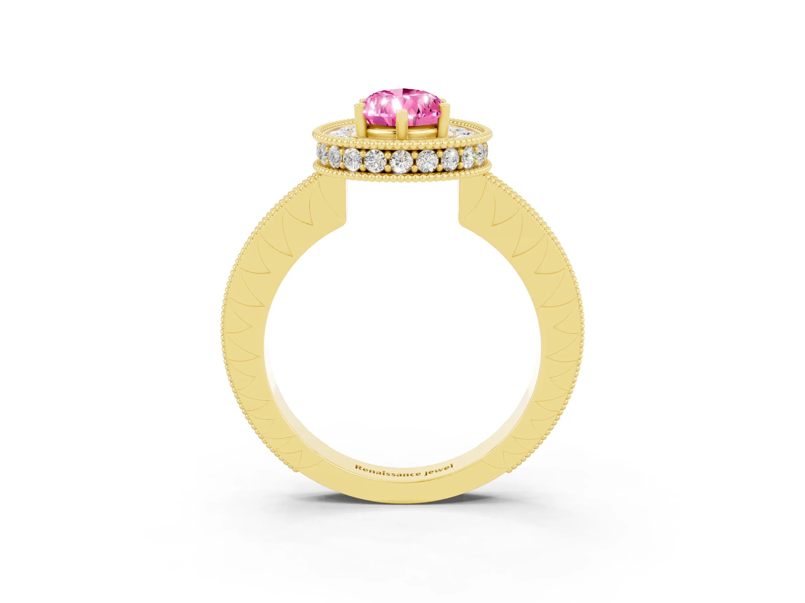 Yellow gold Pear Cut Halo Diamond Engagement Ring with Milgrain Pave Band and Four-Prong Setting_3