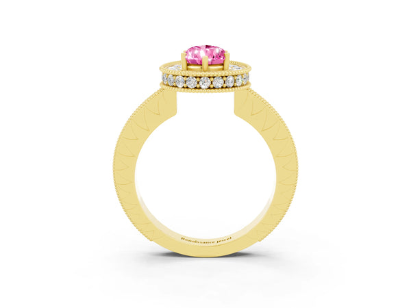 Yellow gold Pear Cut Halo Diamond Engagement Ring with Milgrain Pave Band and Four-Prong Setting