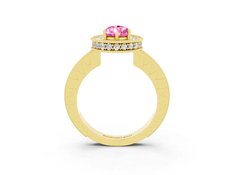 Yellow gold Pear Cut Halo Diamond Engagement Ring with Milgrain Pave Band and Four-Prong Setting_3