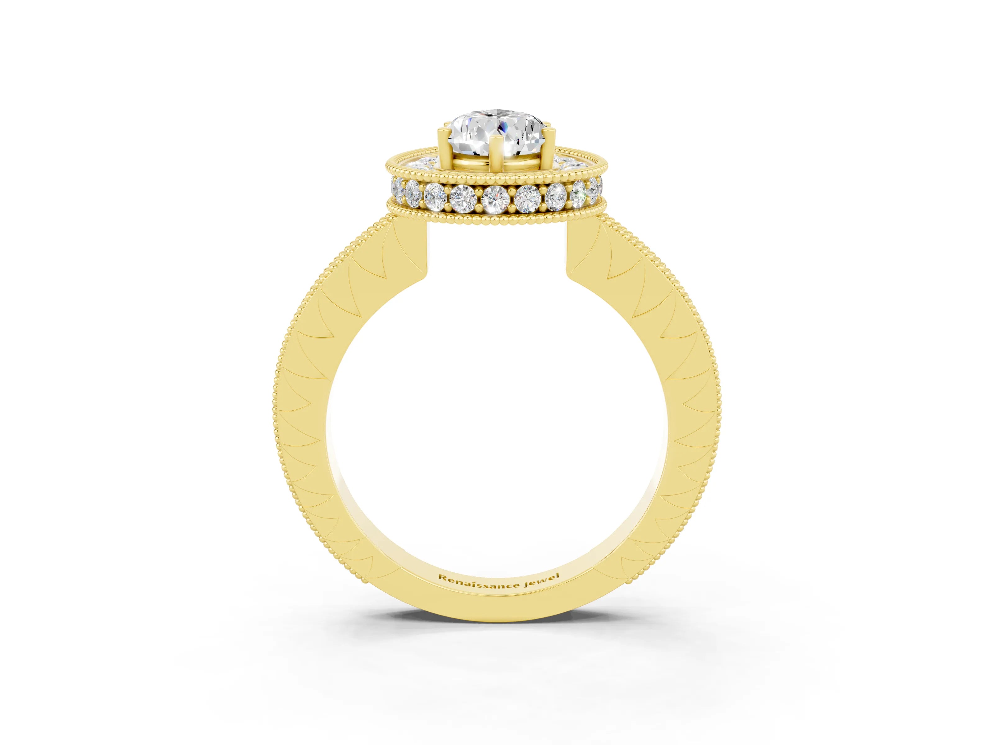 Yellow gold Pear Cut Halo Diamond Engagement Ring with Milgrain Pave Band and Four-Prong Setting_3