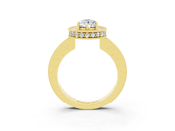Yellow gold Pear Cut Halo Diamond Engagement Ring with Milgrain Pave Band and Four-Prong Setting