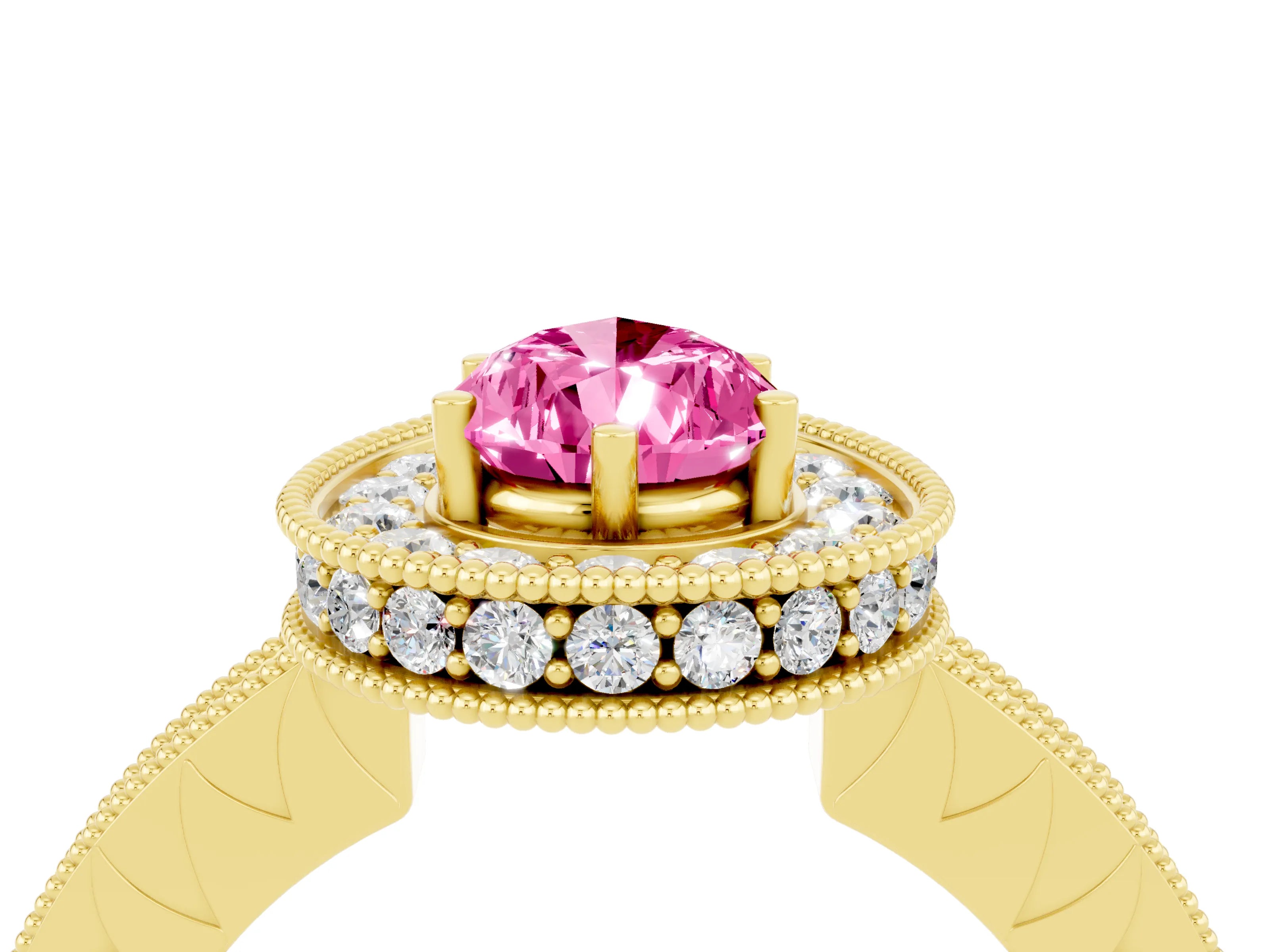 Yellow gold Pear Cut Halo Diamond Engagement Ring with Milgrain Pave Band and Four-Prong Setting_4
