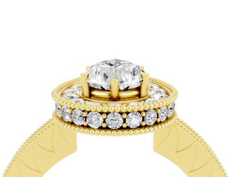 Yellow gold Pear Cut Halo Diamond Engagement Ring with Milgrain Pave Band and Four-Prong Setting_4