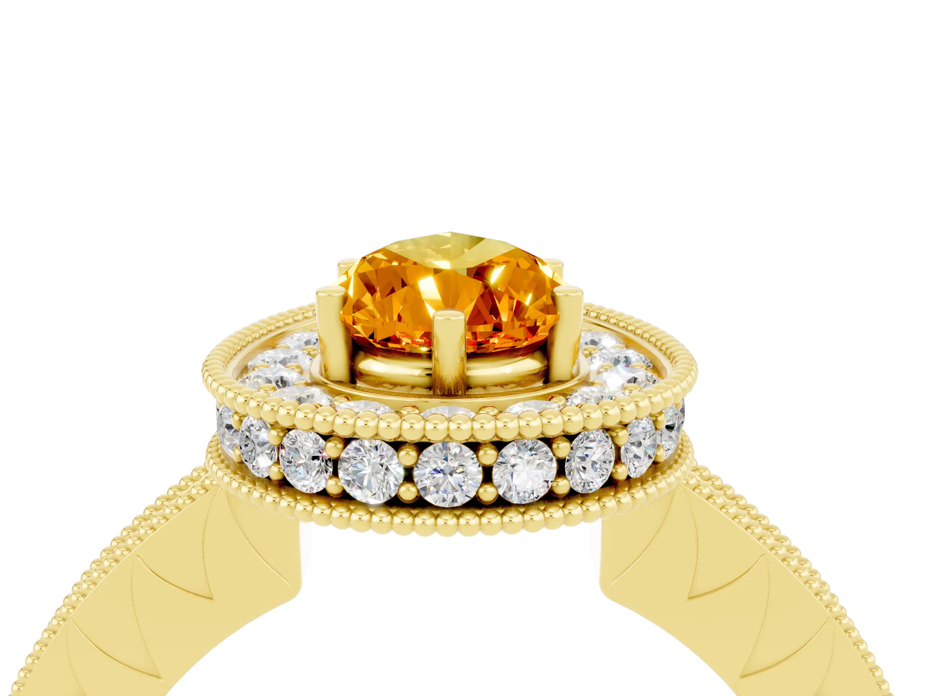 Yellow gold Pear Cut Halo Diamond Engagement Ring with Milgrain Pave Band and Four-Prong Setting_4