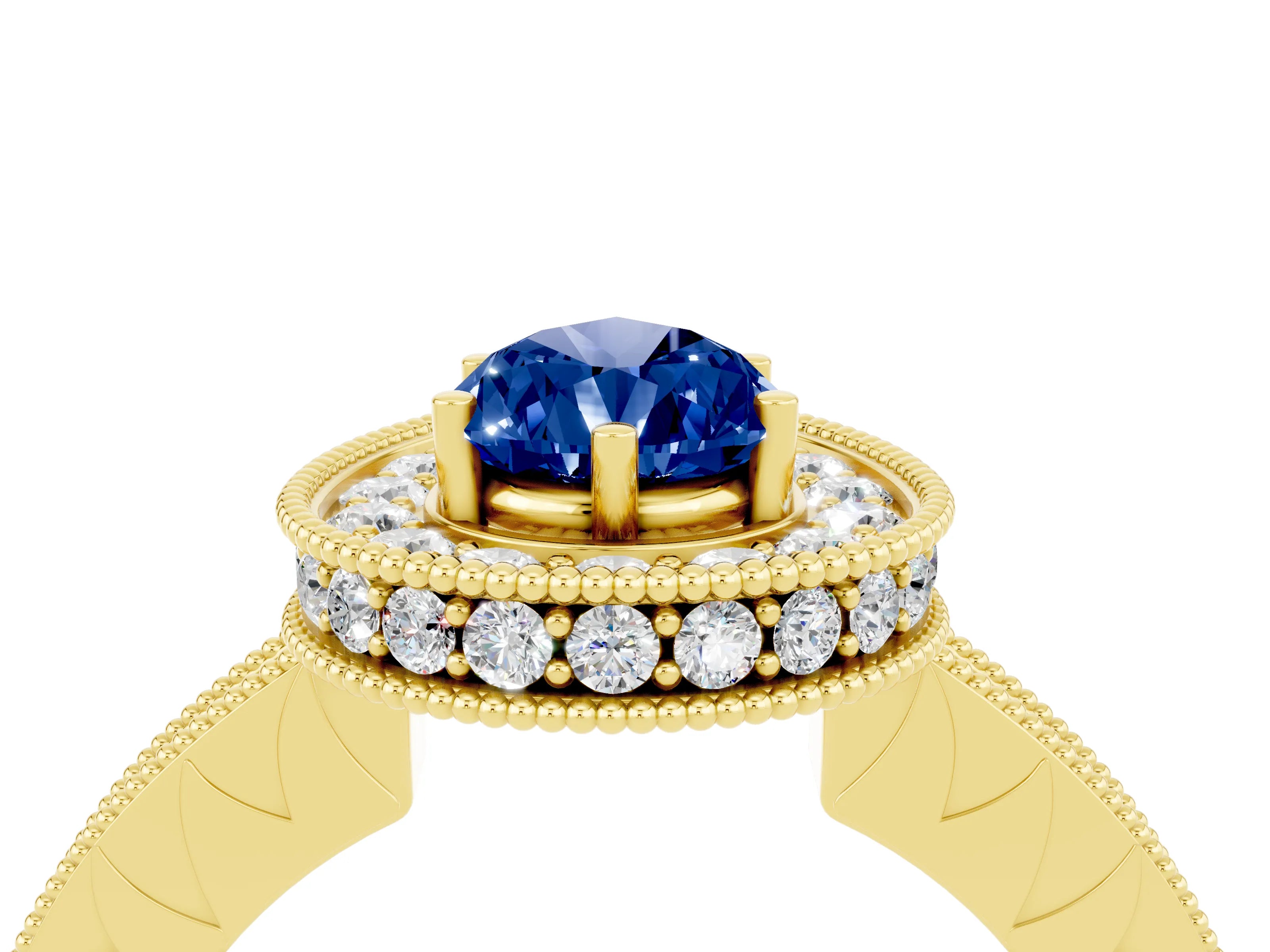 Yellow gold Pear Cut Halo Diamond Engagement Ring with Milgrain Pave Band and Four-Prong Setting_4