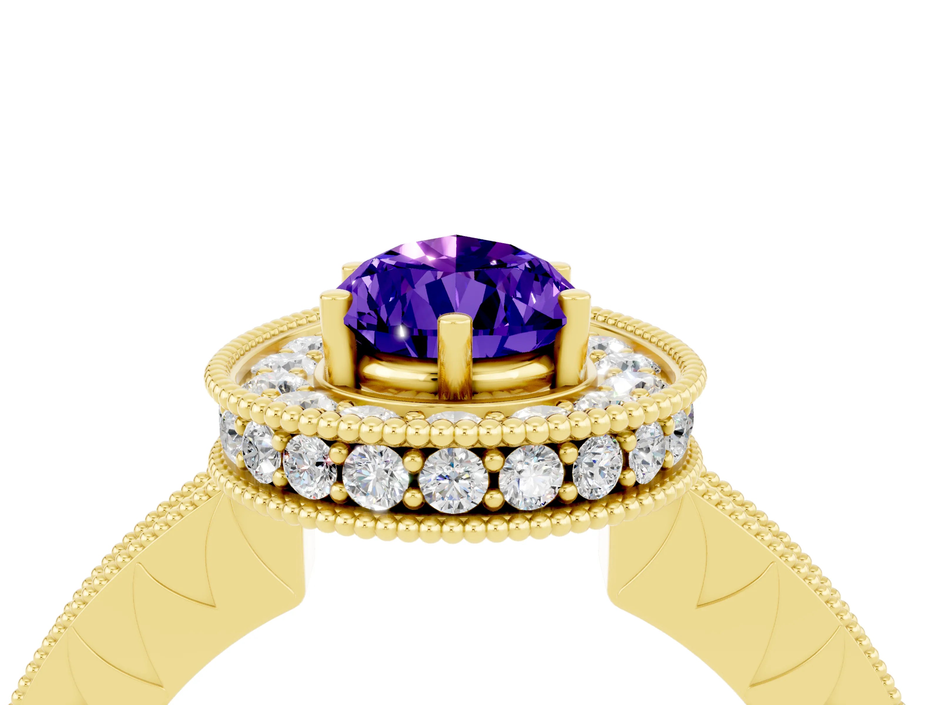 Yellow gold Pear Cut Halo Diamond Engagement Ring with Milgrain Pave Band and Four-Prong Setting_4