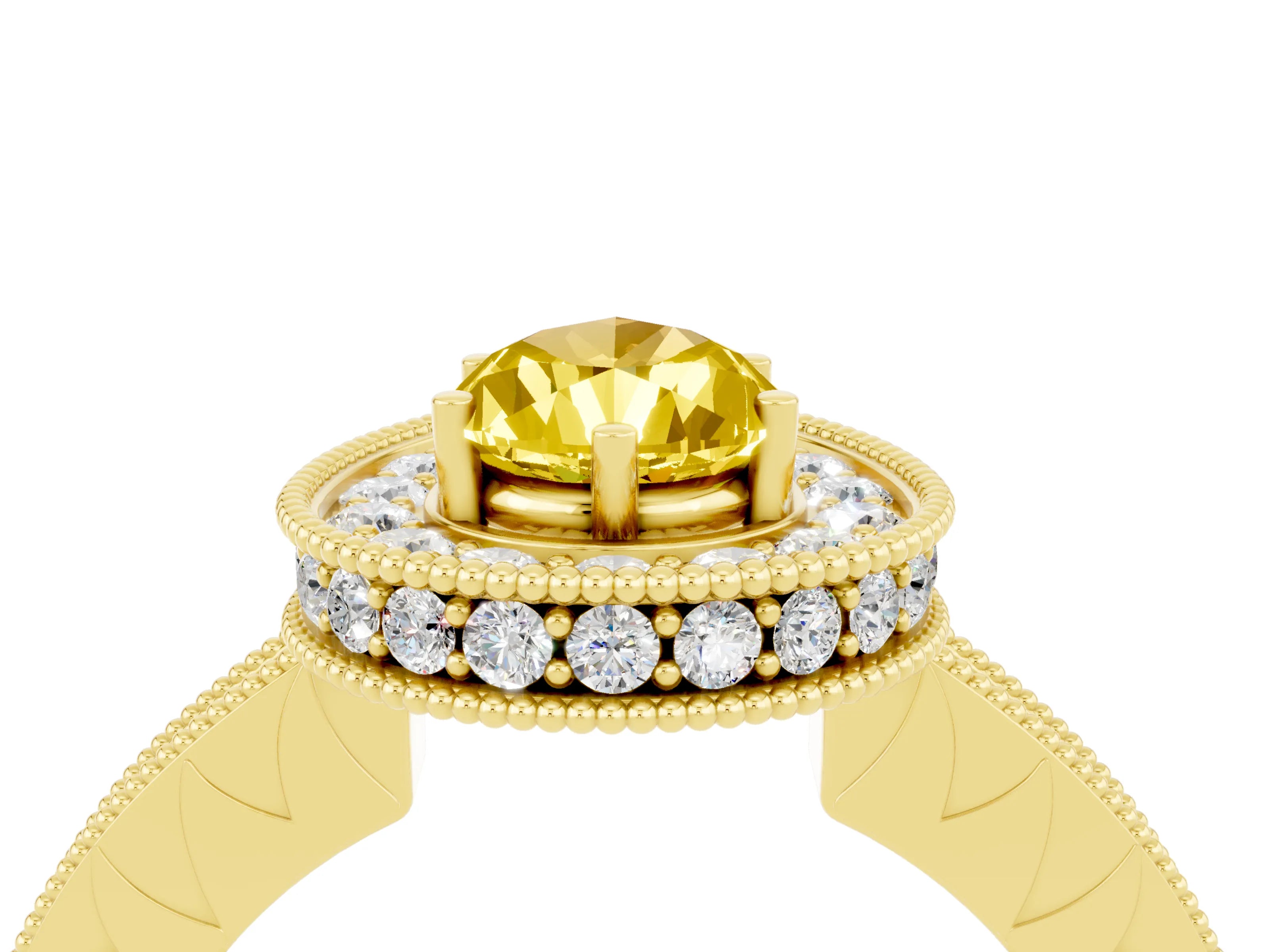 Yellow gold Pear Cut Halo Diamond Engagement Ring with Milgrain Pave Band and Four-Prong Setting_4