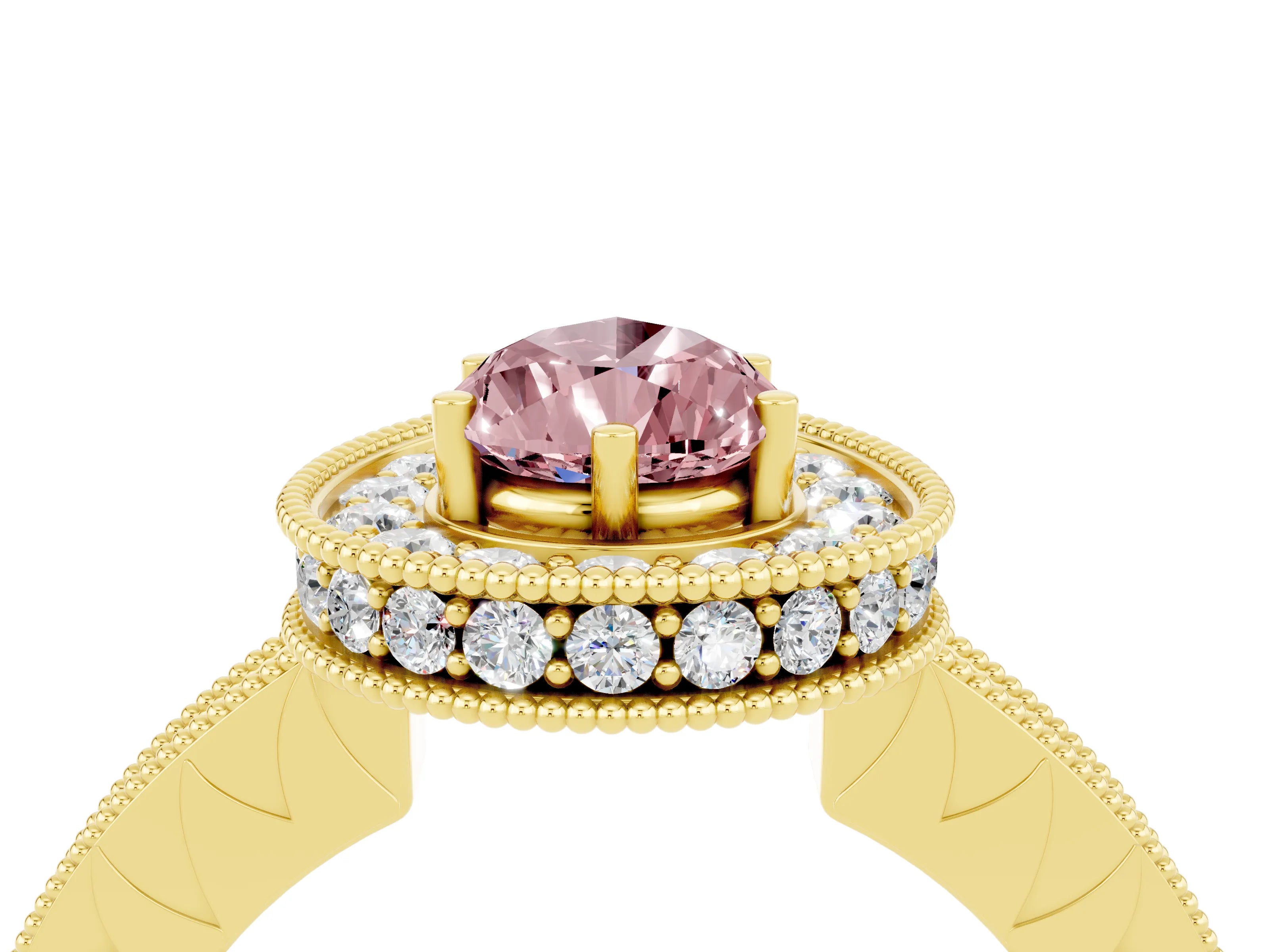 Yellow gold Pear Cut Halo Diamond Engagement Ring with Milgrain Pave Band and Four-Prong Setting_4
