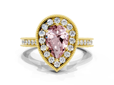 Yellow gold Pear Cut Halo Diamond Engagement Ring with Milgrain Pave Band and Four-Prong Setting