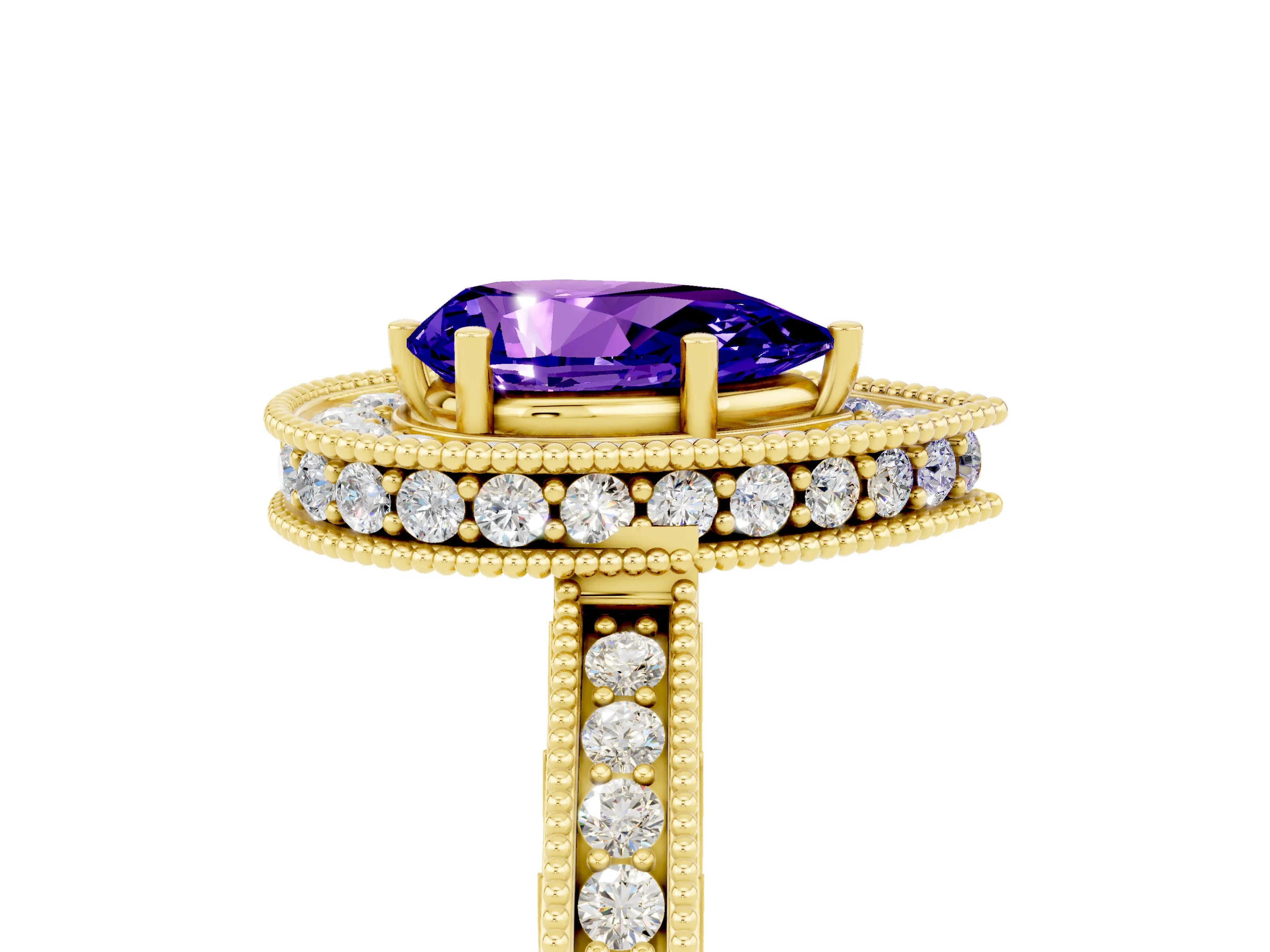 Yellow gold Pear Cut Halo Diamond Engagement Ring with Milgrain Pave Band and Four-Prong Setting_5