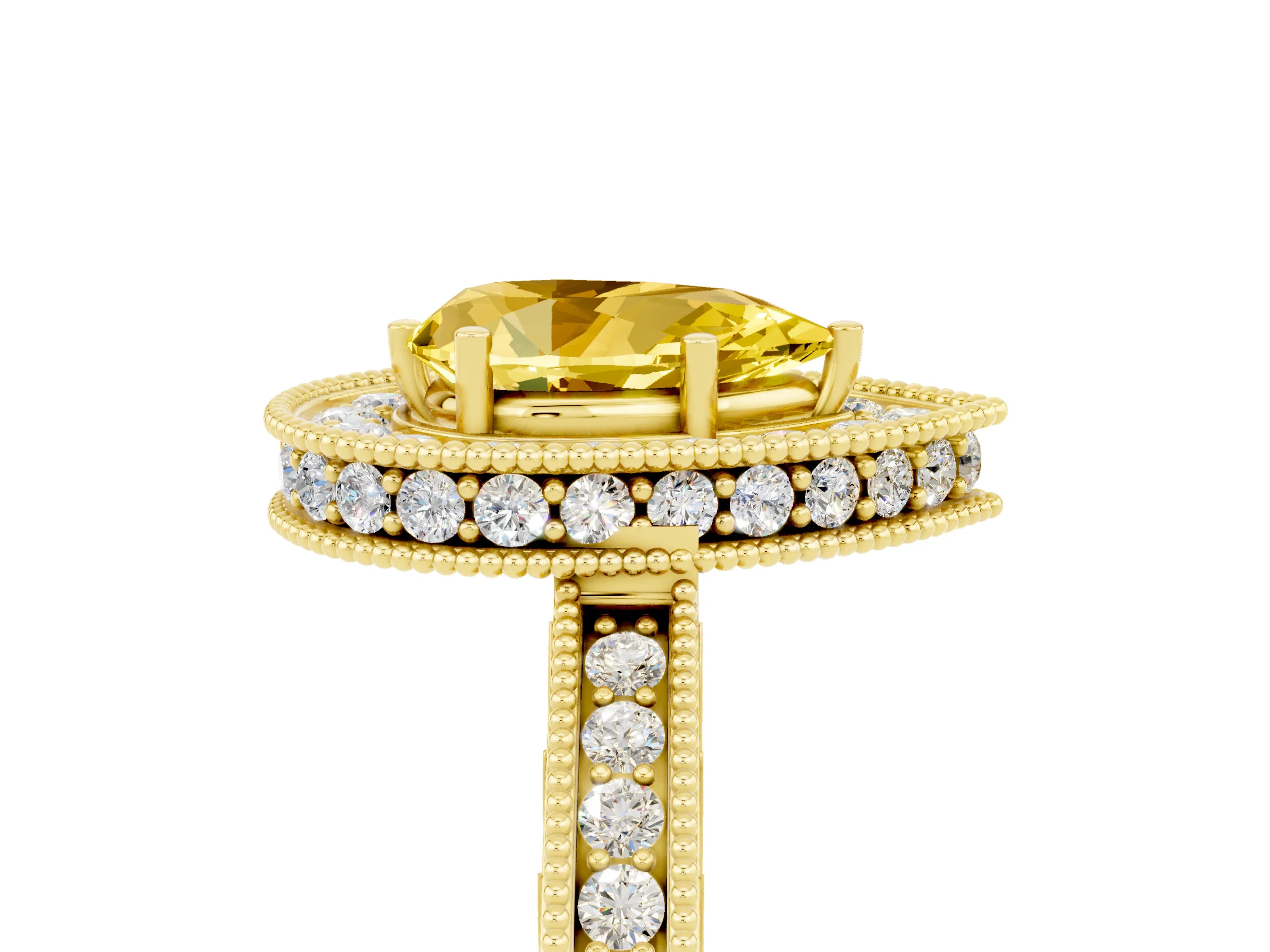 Yellow gold Pear Cut Halo Diamond Engagement Ring with Milgrain Pave Band and Four-Prong Setting_5