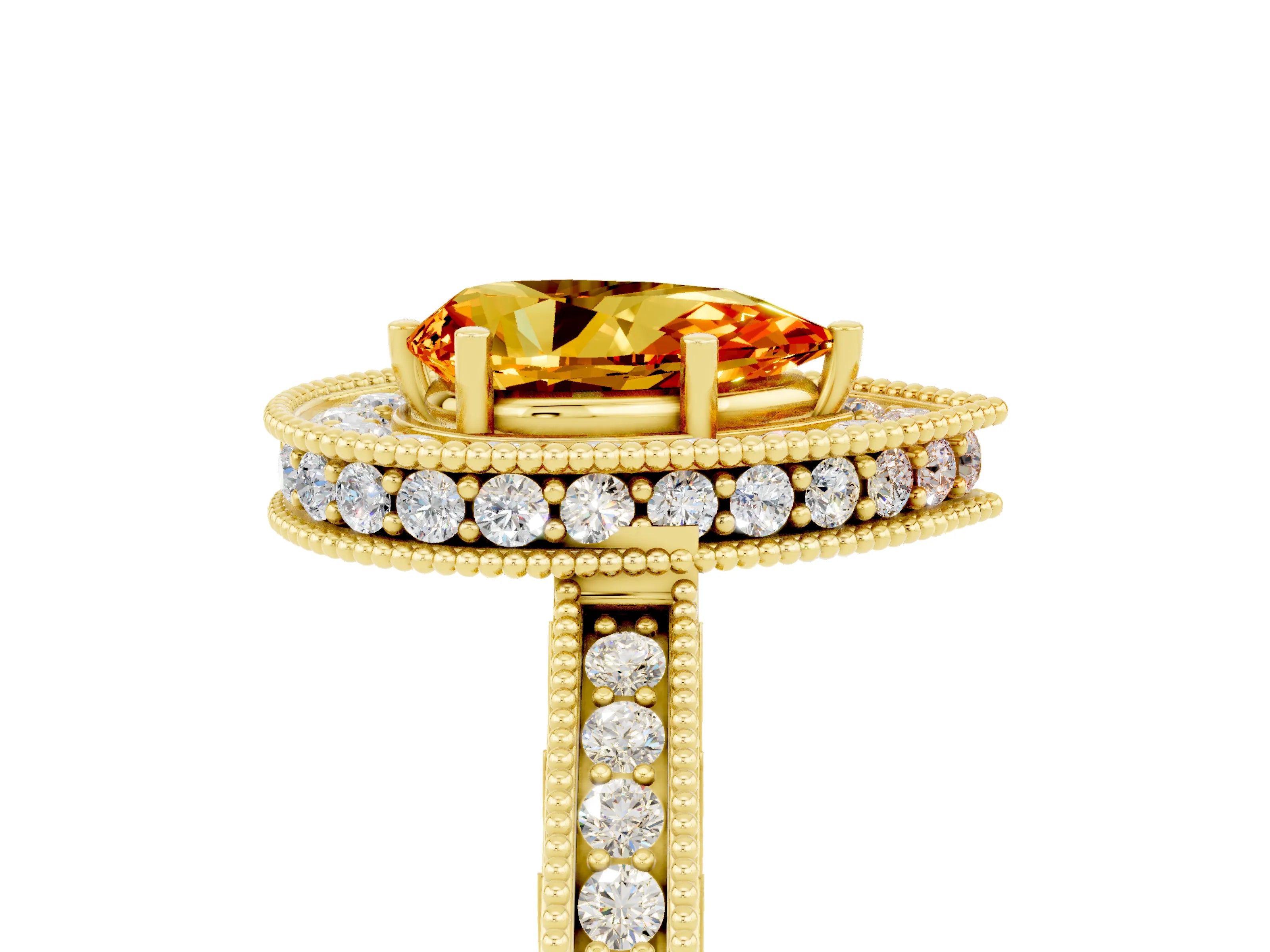 Yellow gold Pear Cut Halo Diamond Engagement Ring with Milgrain Pave Band and Four-Prong Setting_5