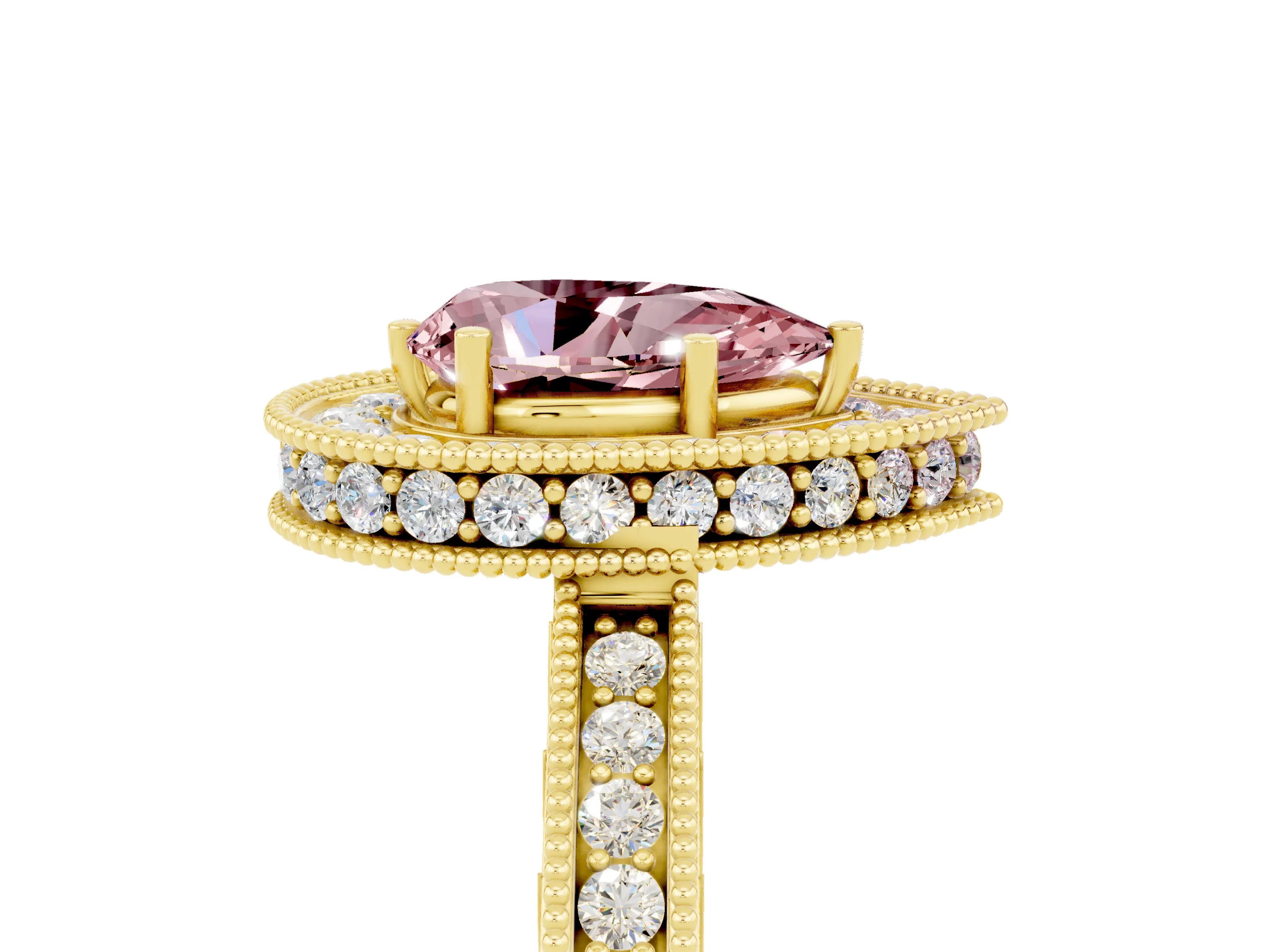 Yellow gold Pear Cut Halo Diamond Engagement Ring with Milgrain Pave Band and Four-Prong Setting_5