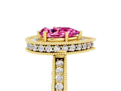 Yellow gold Pear Cut Halo Diamond Engagement Ring with Milgrain Pave Band and Four-Prong Setting_5