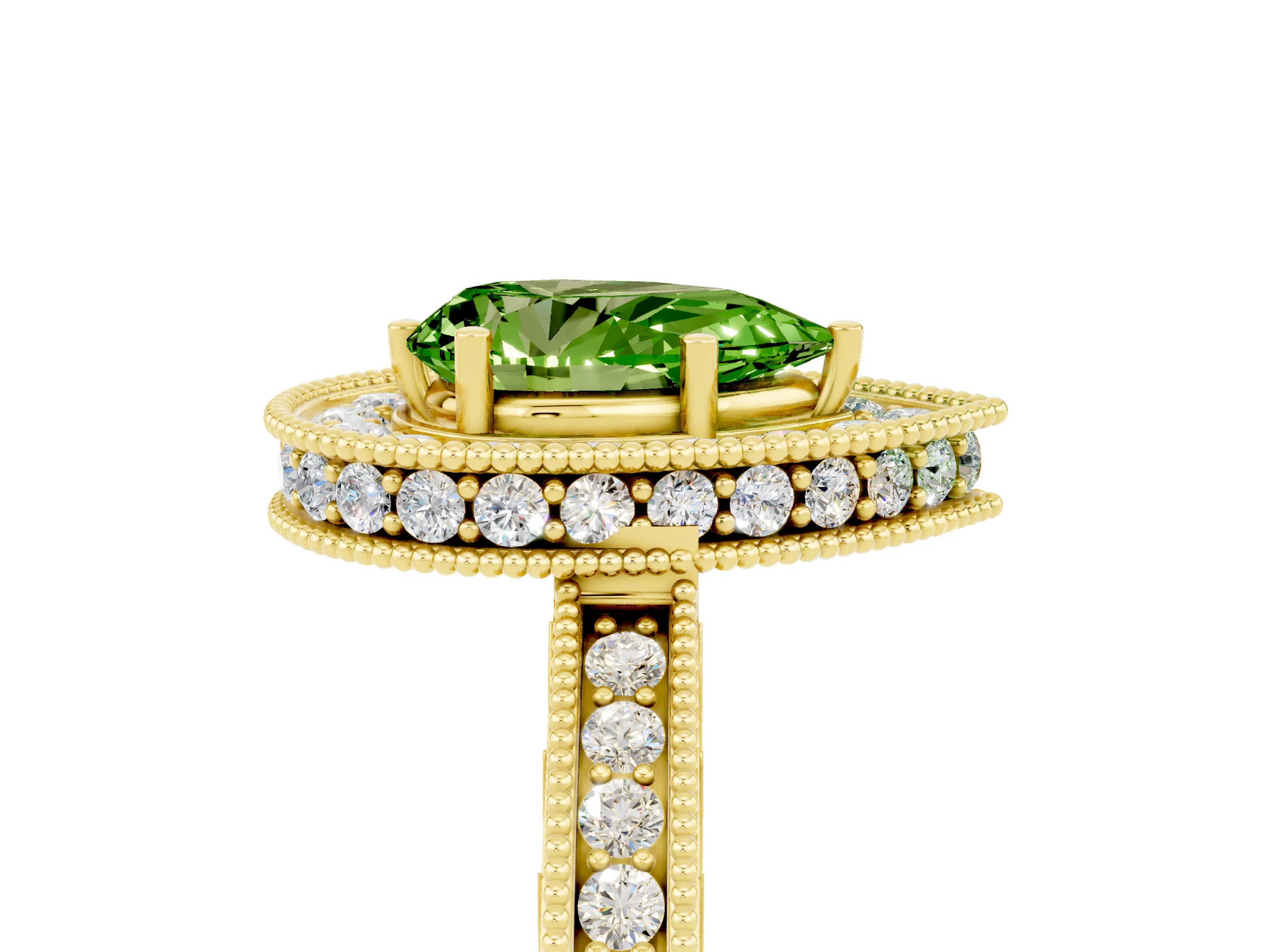 Yellow gold Pear Cut Halo Diamond Engagement Ring with Milgrain Pave Band and Four-Prong Setting_5