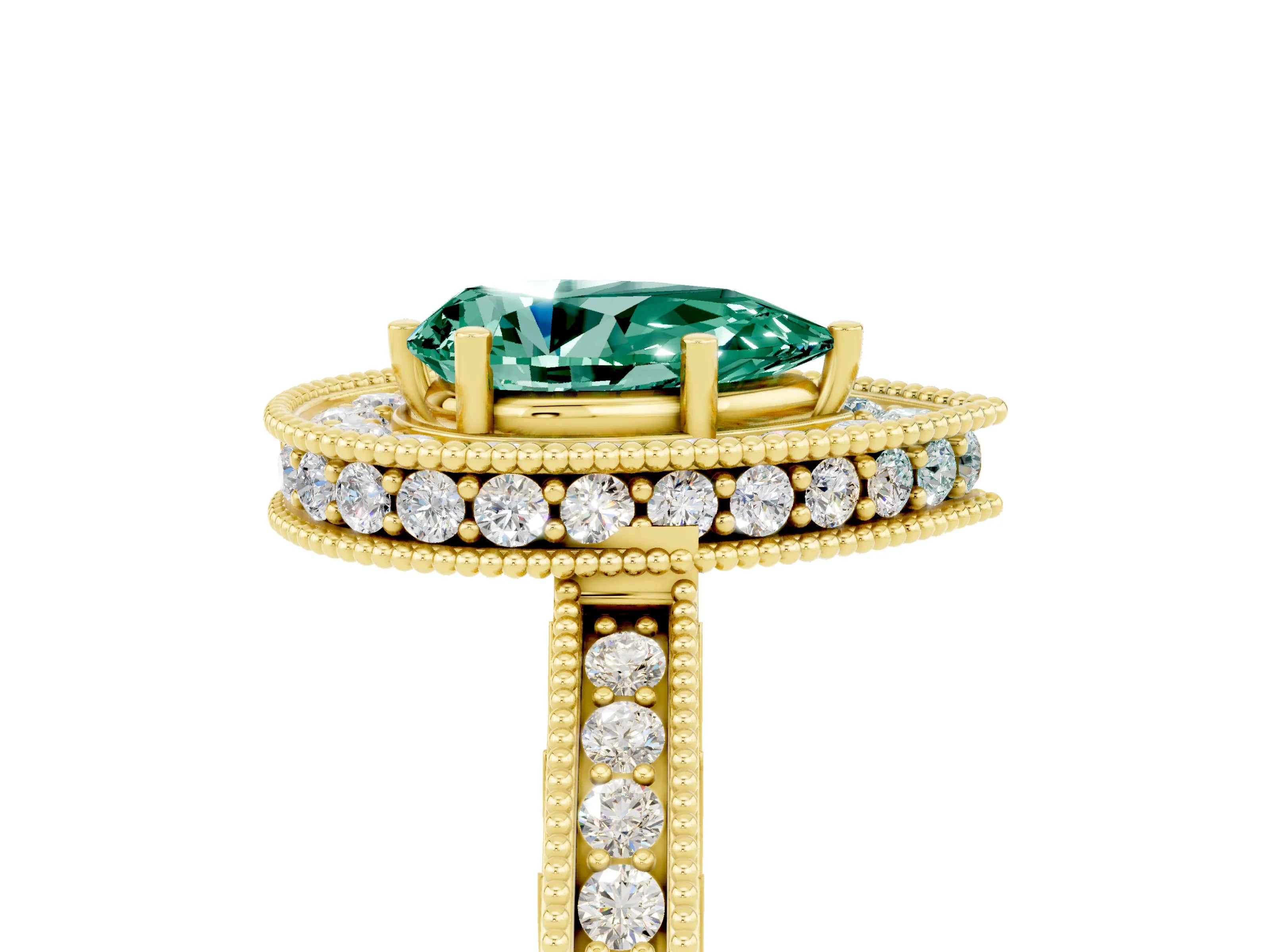 Yellow gold Pear Cut Halo Diamond Engagement Ring with Milgrain Pave Band and Four-Prong Setting_5