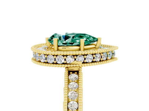 Yellow gold Pear Cut Halo Diamond Engagement Ring with Milgrain Pave Band and Four-Prong Setting_5