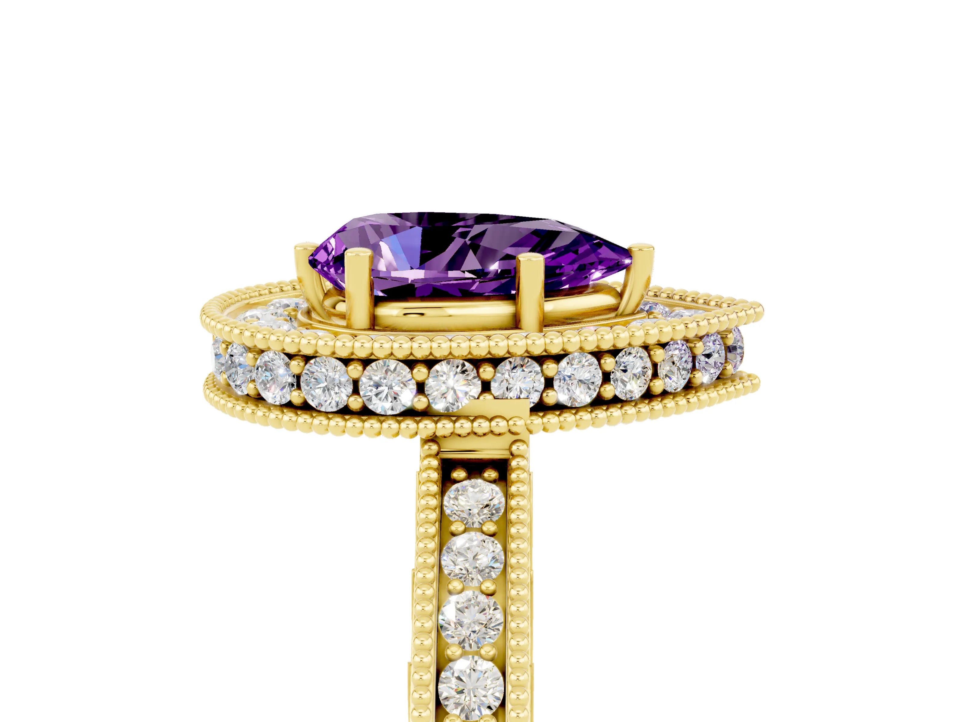 Yellow gold Pear Cut Halo Diamond Engagement Ring with Milgrain Pave Band and Four-Prong Setting_5