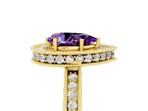 Yellow gold Pear Cut Halo Diamond Engagement Ring with Milgrain Pave Band and Four-Prong Setting_5