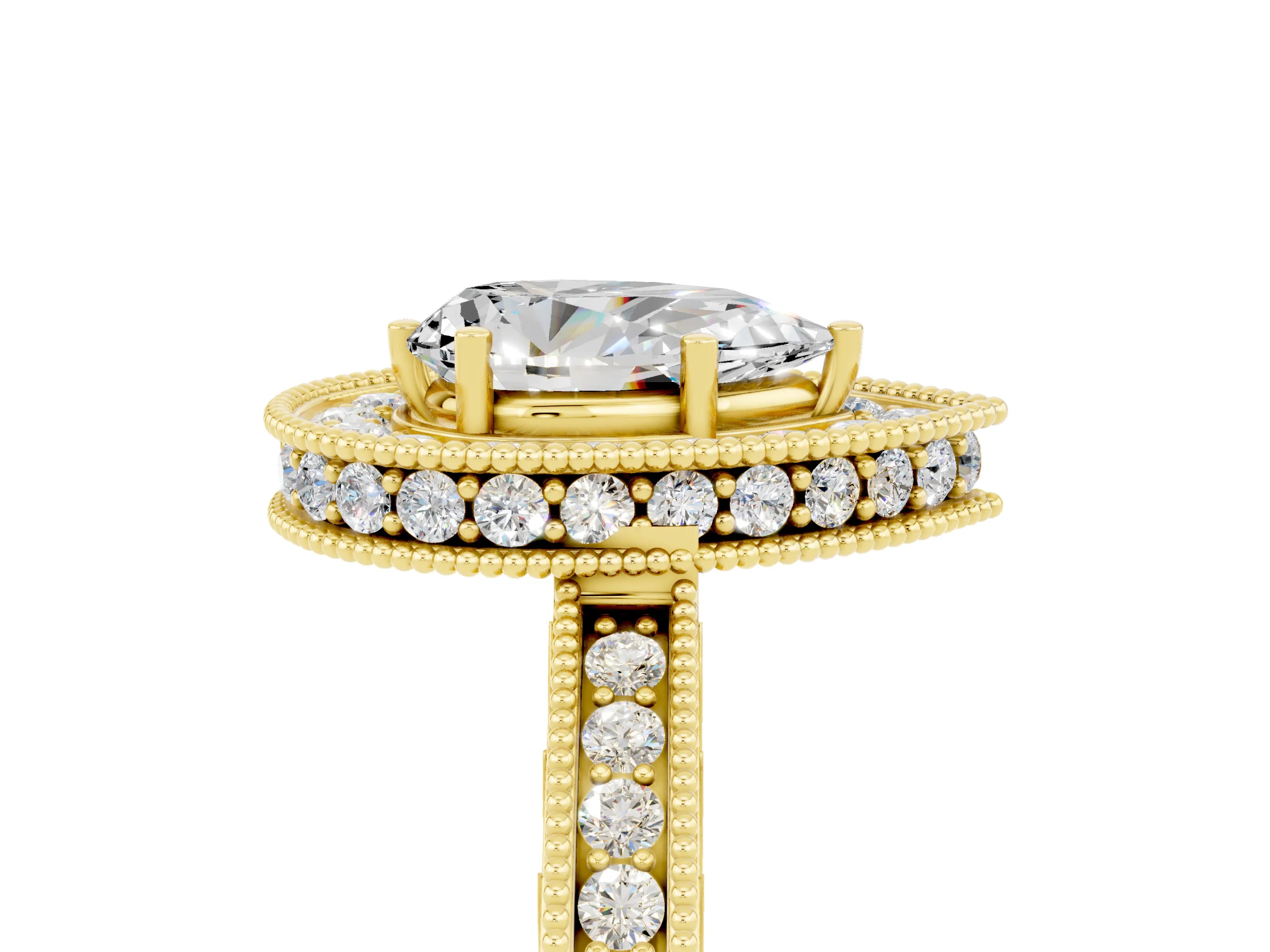 Yellow gold Pear Cut Halo Diamond Engagement Ring with Milgrain Pave Band and Four-Prong Setting_5