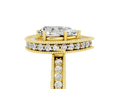 Yellow gold Pear Cut Halo Diamond Engagement Ring with Milgrain Pave Band and Four-Prong Setting_5