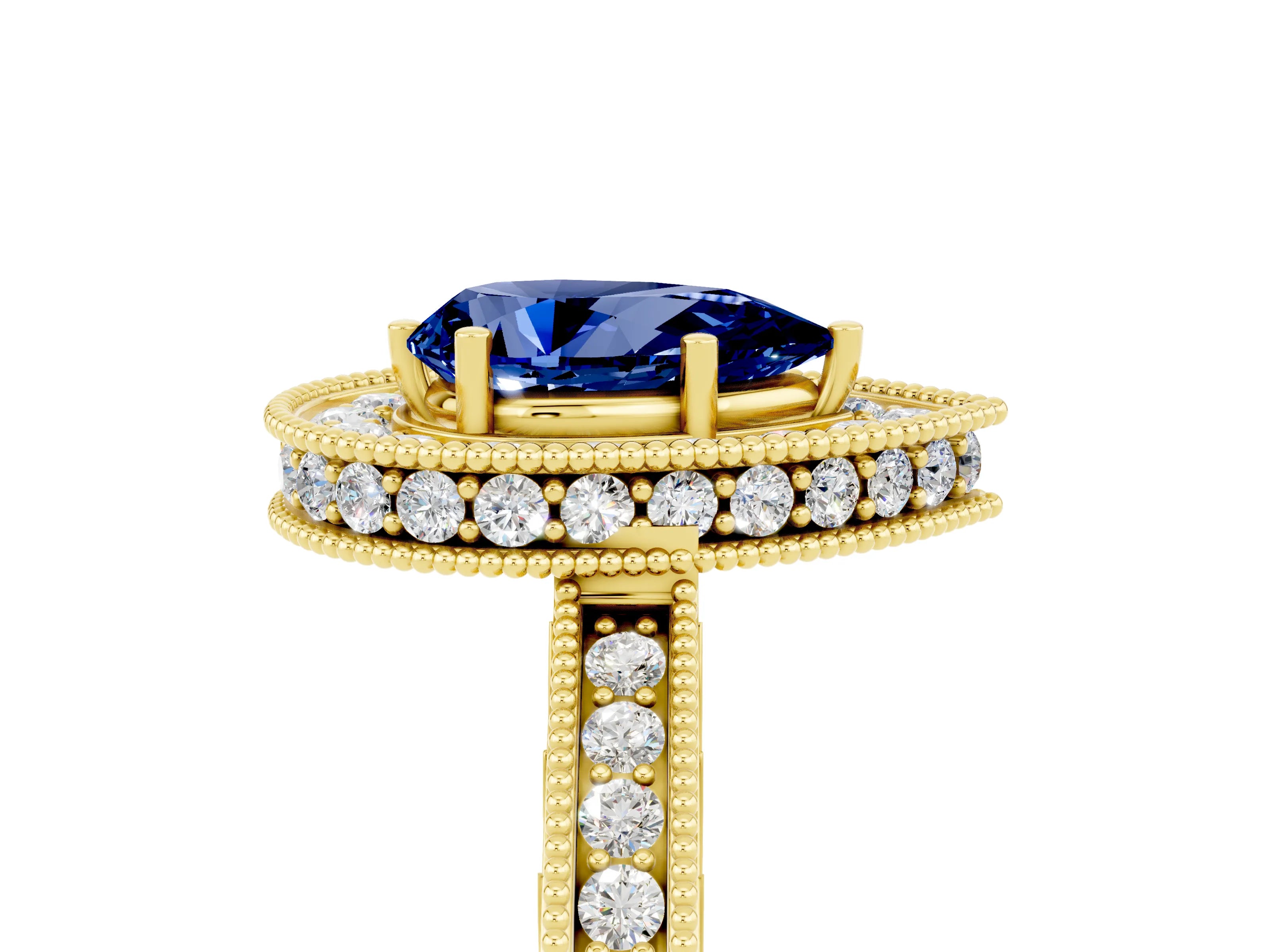 Yellow gold Pear Cut Halo Diamond Engagement Ring with Milgrain Pave Band and Four-Prong Setting_5