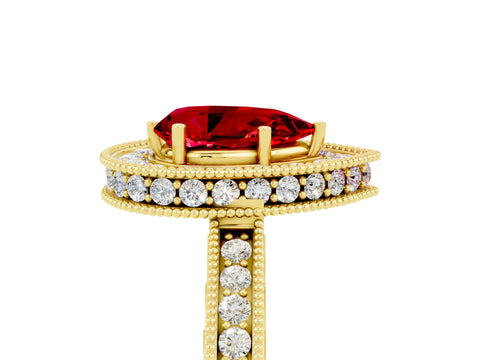 Yellow gold Pear Cut Halo Diamond Engagement Ring with Milgrain Pave Band and Four-Prong Setting_5