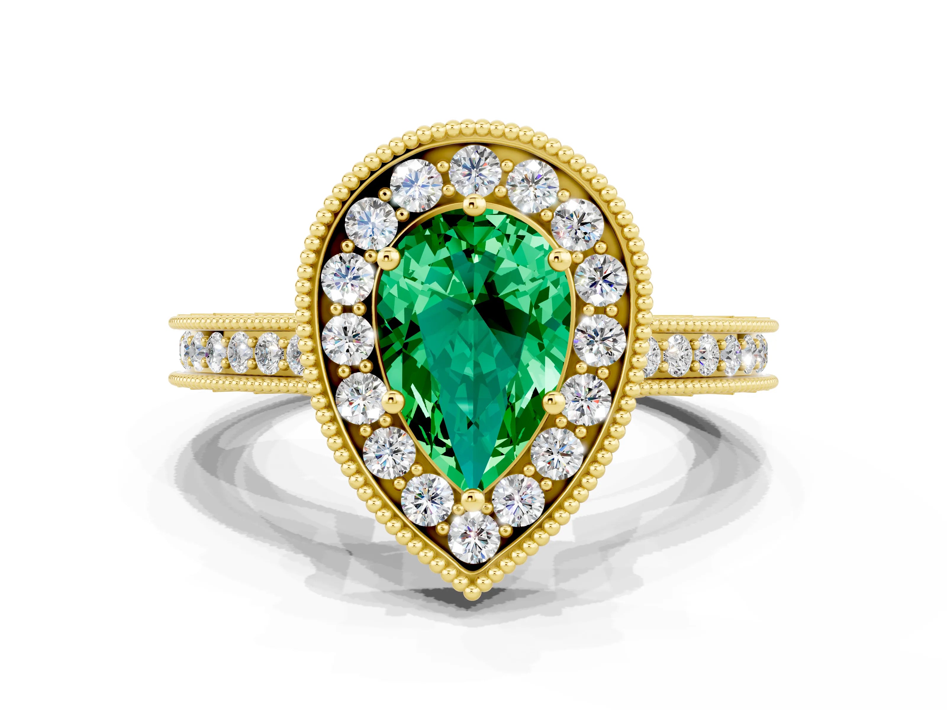 Yellow gold Pear Cut Halo Diamond Engagement Ring with Milgrain Pave Band and Four-Prong Setting
