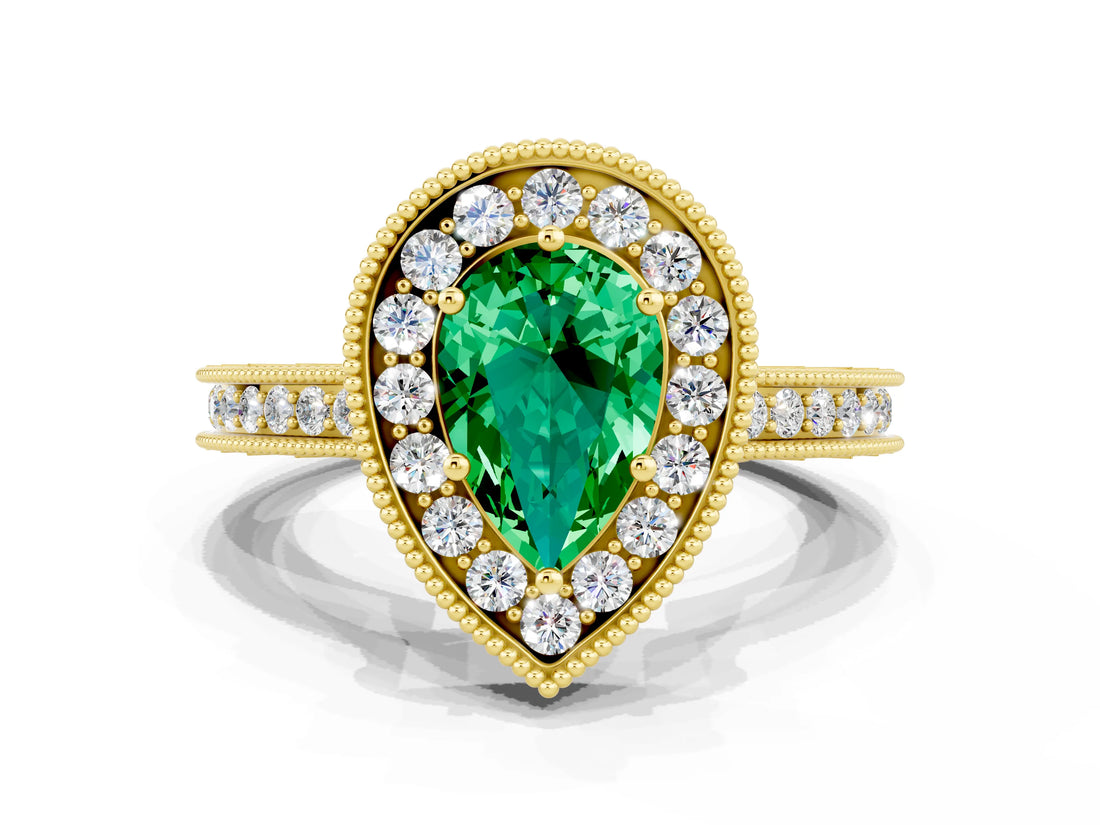 Yellow gold Pear Cut Halo Diamond Engagement Ring with Milgrain Pave Band and Four-Prong Setting