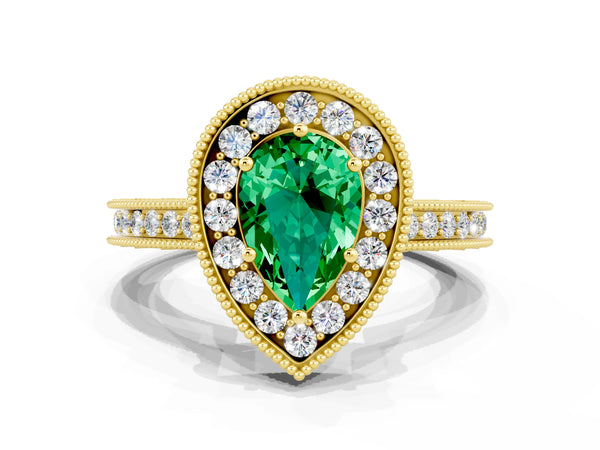 Yellow gold Pear Cut Halo Diamond Engagement Ring with Milgrain Pave Band and Four-Prong Setting