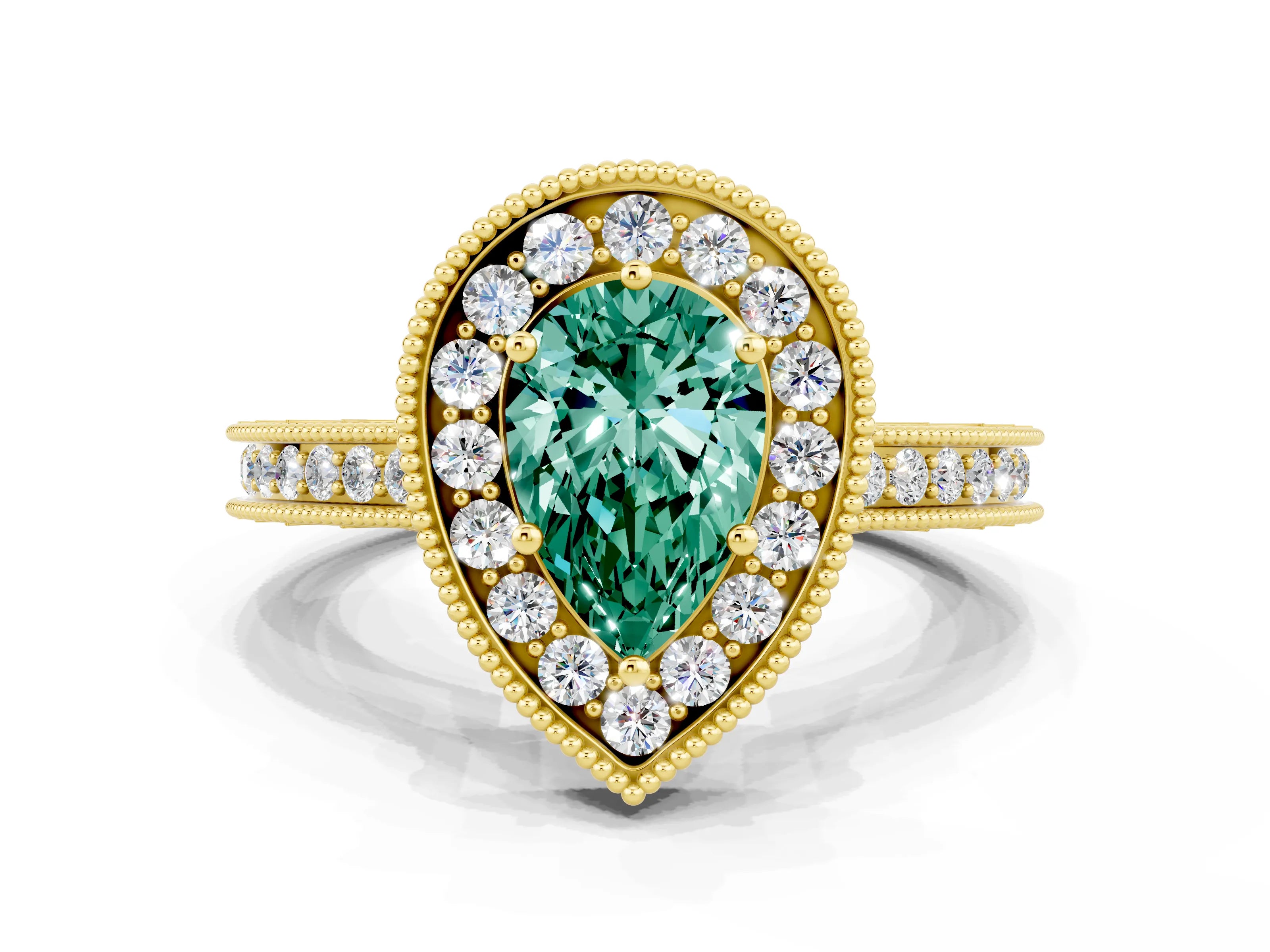 Yellow gold Pear Cut Halo Diamond Engagement Ring with Milgrain Pave Band and Four-Prong Setting