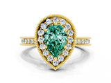 Yellow gold Pear Cut Halo Diamond Engagement Ring with Milgrain Pave Band and Four-Prong Setting