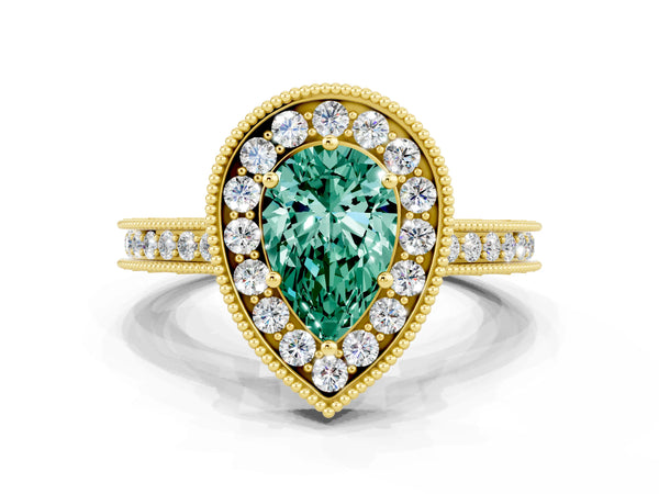 Yellow gold Pear Cut Halo Diamond Engagement Ring with Milgrain Pave Band and Four-Prong Setting