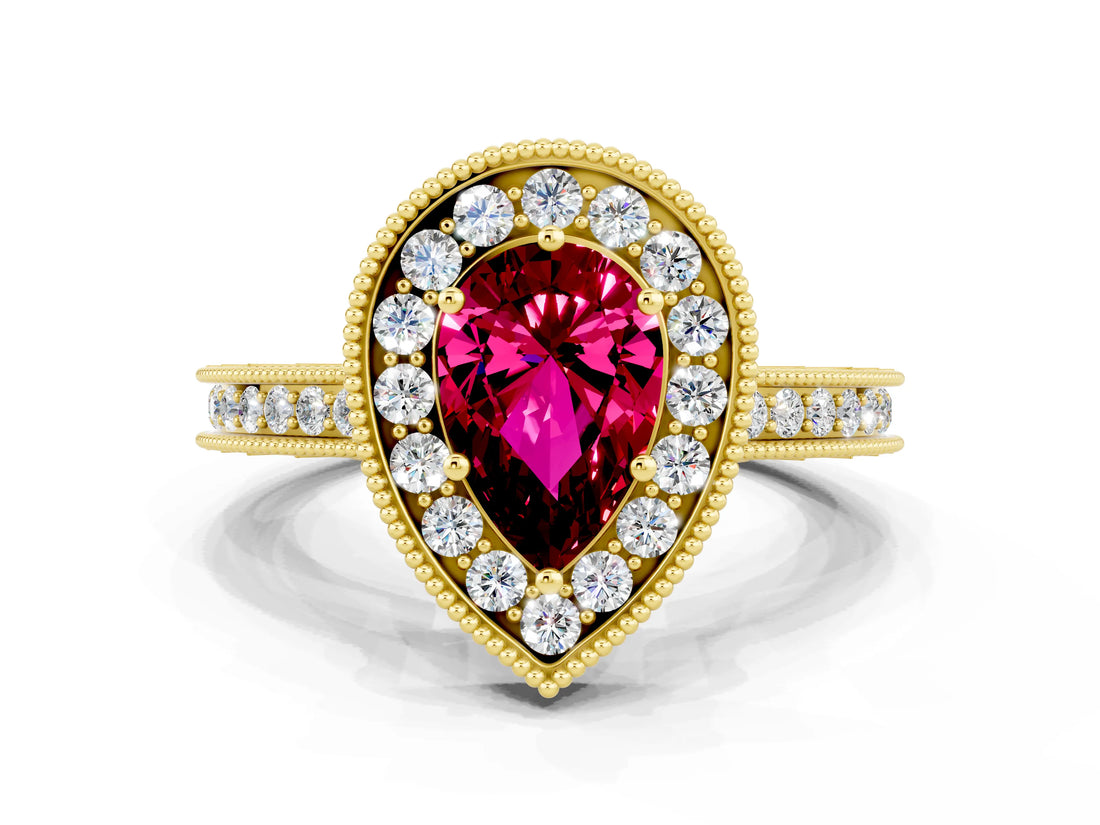 Yellow gold Pear Cut Halo Diamond Engagement Ring with Milgrain Pave Band and Four-Prong Setting