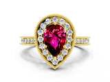 Yellow gold Pear Cut Halo Diamond Engagement Ring with Milgrain Pave Band and Four-Prong Setting