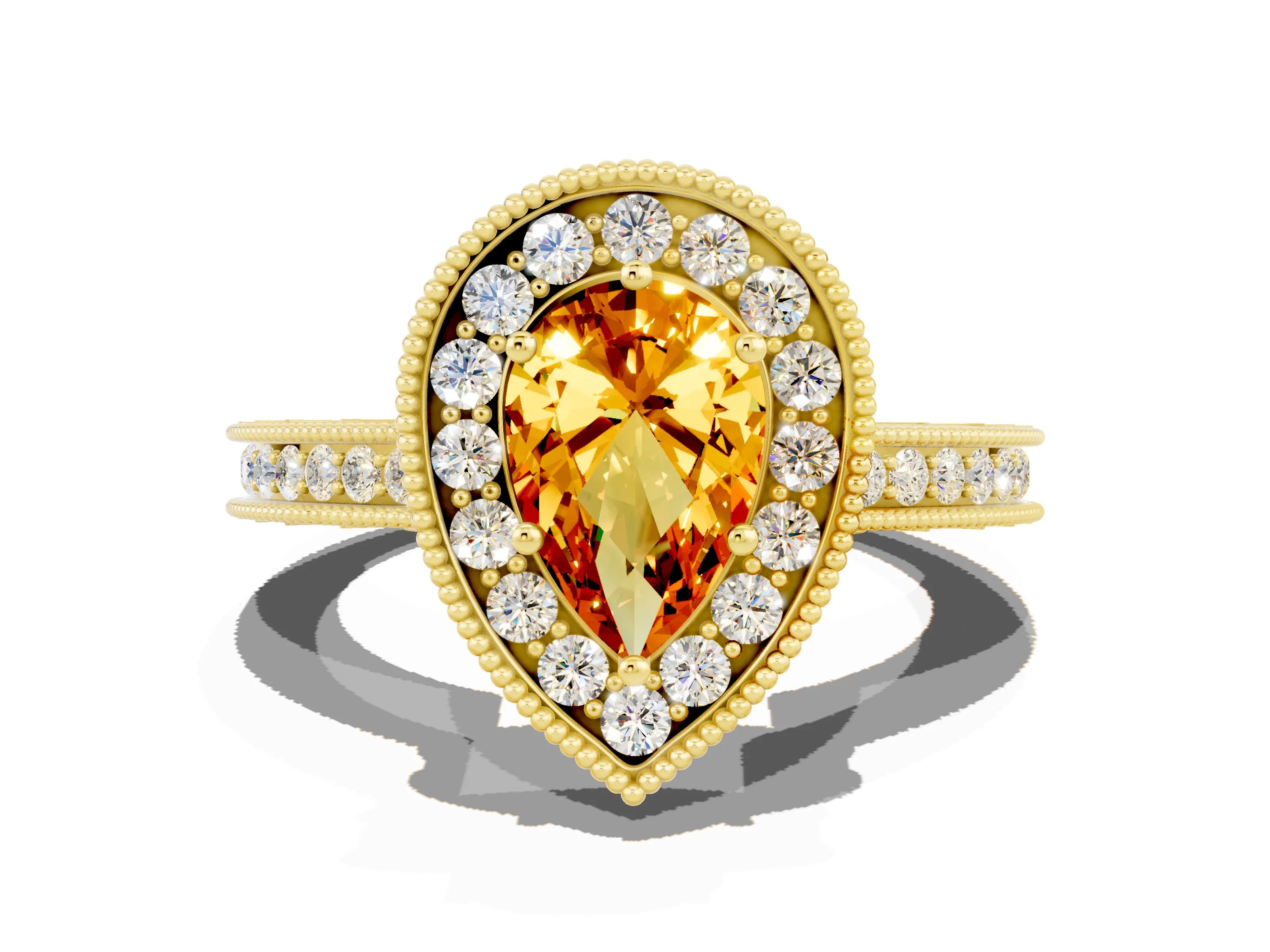 Yellow gold Pear Cut Halo Diamond Engagement Ring with Milgrain Pave Band and Four-Prong Setting