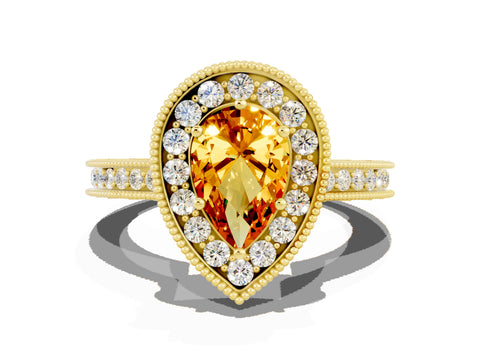 Yellow gold Pear Cut Halo Diamond Engagement Ring with Milgrain Pave Band and Four-Prong Setting