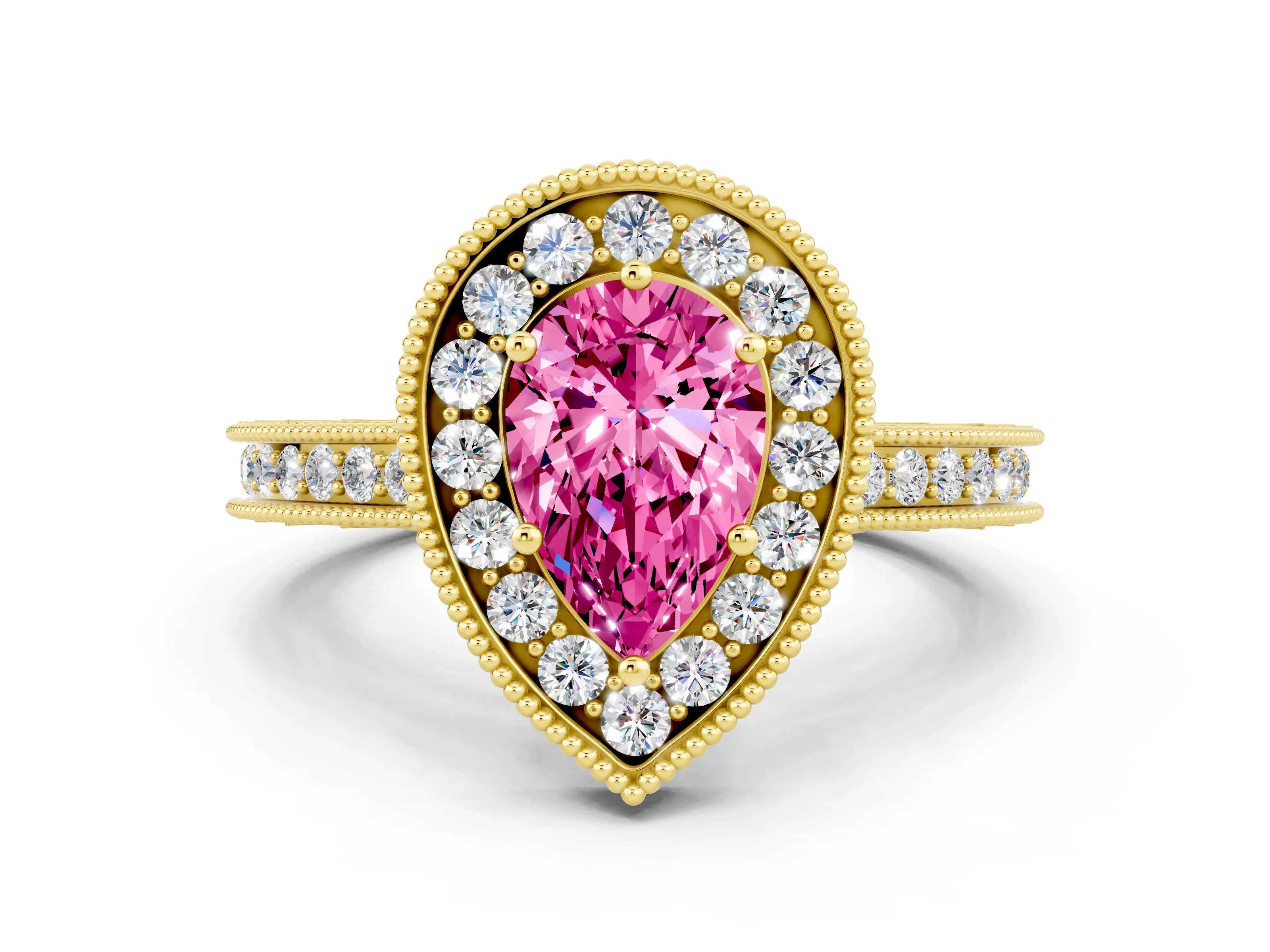 Yellow gold Pear Cut Halo Diamond Engagement Ring with Milgrain Pave Band and Four-Prong Setting