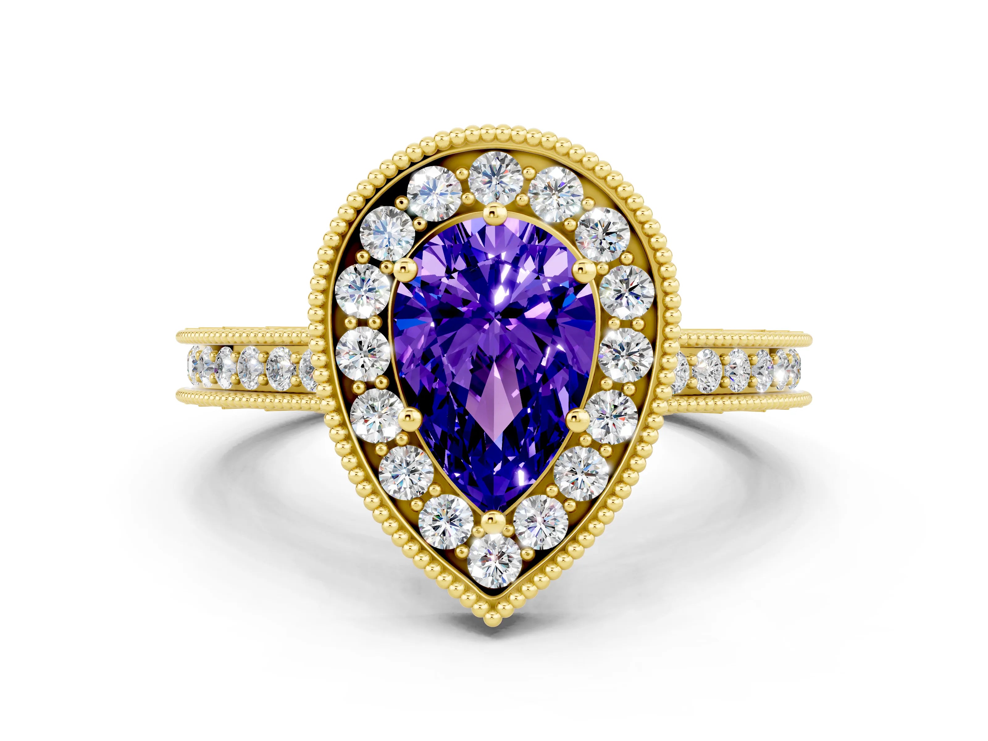 Yellow gold Pear Cut Halo Diamond Engagement Ring with Milgrain Pave Band and Four-Prong Setting