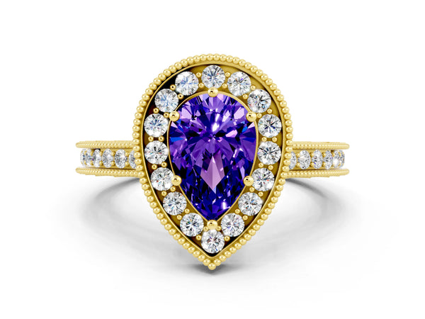 Yellow gold Pear Cut Halo Diamond Engagement Ring with Milgrain Pave Band and Four-Prong Setting