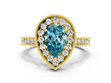Yellow gold Pear Cut Halo Diamond Engagement Ring with Milgrain Pave Band and Four-Prong Setting
