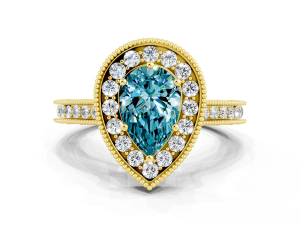 Yellow gold Pear Cut Halo Diamond Engagement Ring with Milgrain Pave Band and Four-Prong Setting